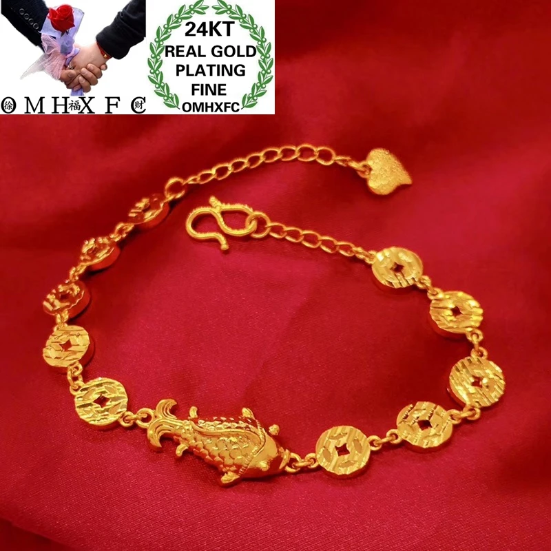 OMHXFC Jewelry Wholesale YM153 European Fashion Fine Woman Girl Party Birthday Wedding Gift Carp Coin 24KT Gold Bracelet Bangle