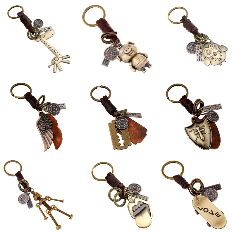 ZORCVENS 2025 New Genuine Leather KeyChain Punk Rock Vintage Animal Feather Robot Key Chains for Man Woman Jewelry Gifts