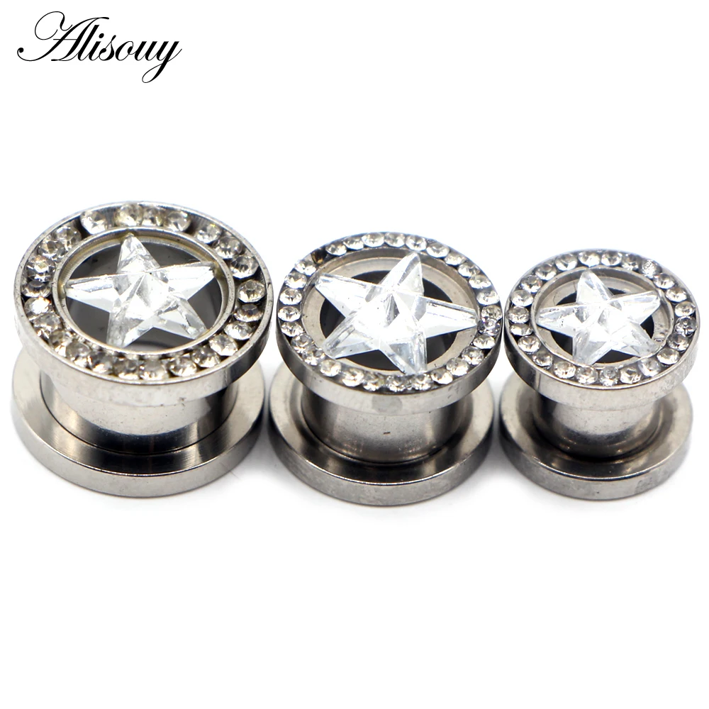 Alisouy 2pcs Pentagram Stainless Steel Double Flared CZ Star Ear Tunnel Flesh Plugs Orelha Gauges Earrings Body Piercing Jewelry