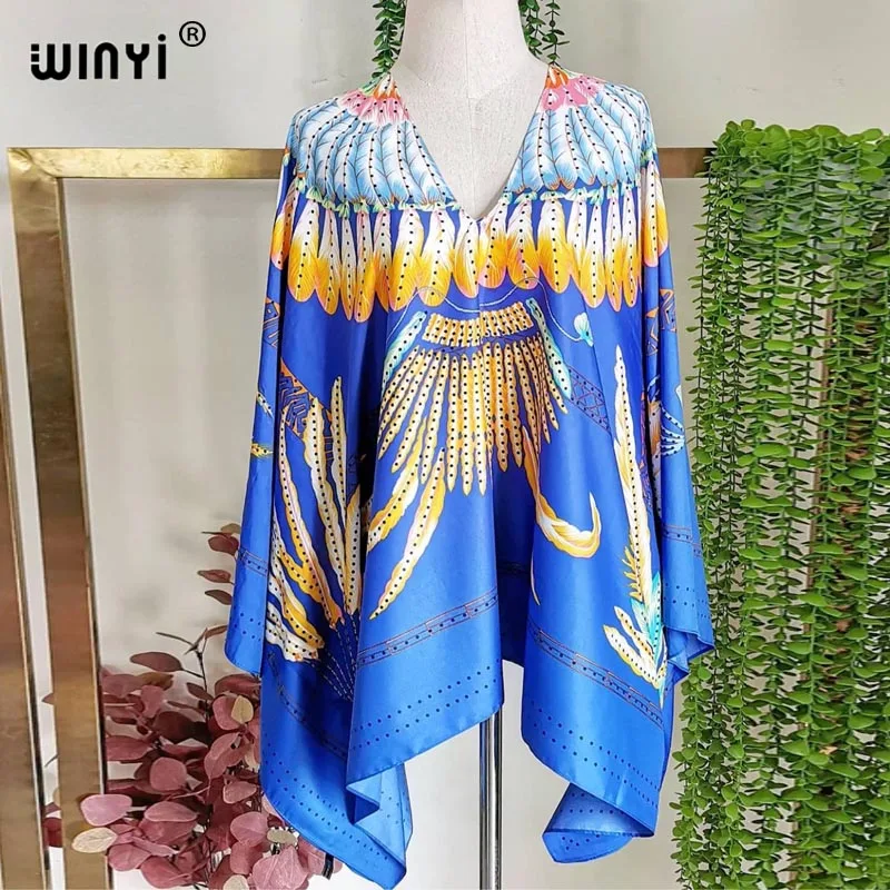 New Printed Middle East 2021 Silk Bohemian summer Beach top clothes Batwing Sleeve abaya Silk top dresses for women WINYI