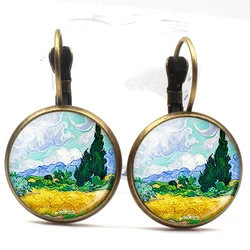Fashion Van Gogh Art Painting Series Earrings Van Gogh Starry Night Crystal Glass Ear Hanging Round Men and Women Summer Gifts