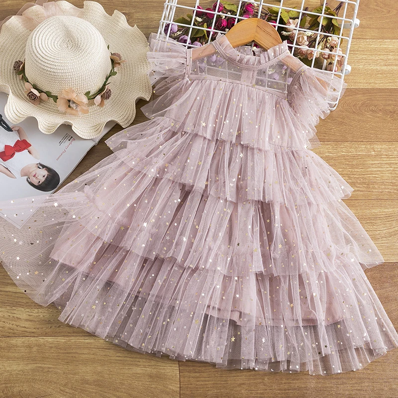 Girls Summer Costume Sweet Princess Dress Mesh Chiffon Cake Layers Outfit  Birthday Party Ball Grown Clothing For Children