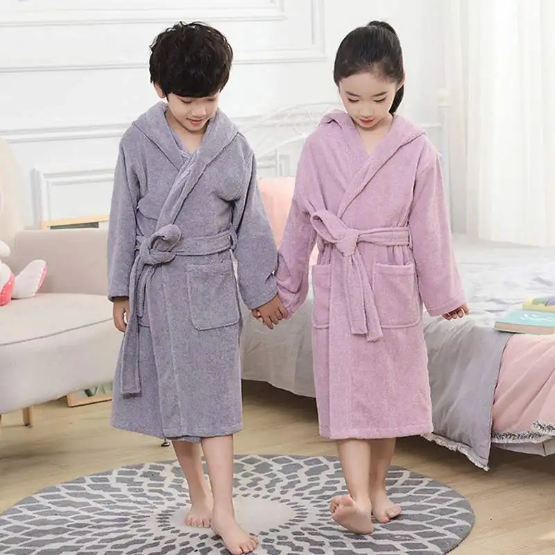 Adult Boy Girls Hooded Toweling Terry Robe Soft Sleeprobe Kids Casual Homewear Winter Solid Family Robe For Cotton Bathrobe