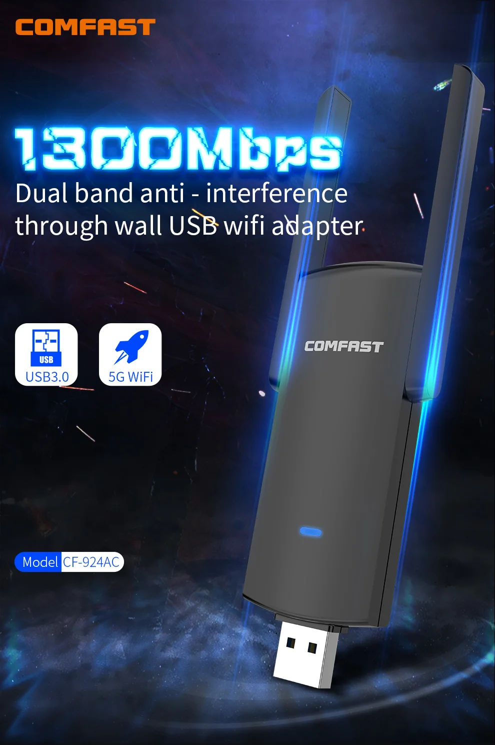Comfast Gigabit WiFi Adapter 1300Mbps 2.4G 5GHz Antenna USB WiFi Dongle 11AC MU-MIMO Ethernet Wi-Fi Receiver for Windows MAC OS