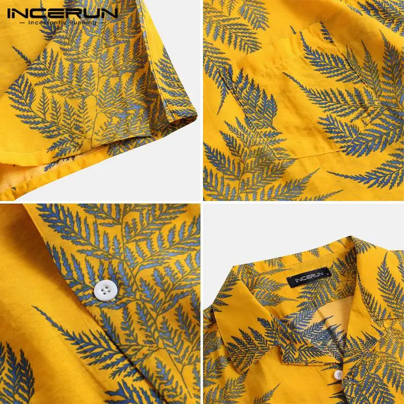 INCERUN Hommes Manches Courtes Revers Imprimé Chemise Motif Du Cuir oral elu Tropical Floral Chemise Décontractée D\'été Hawaïenne Vacances Camisa