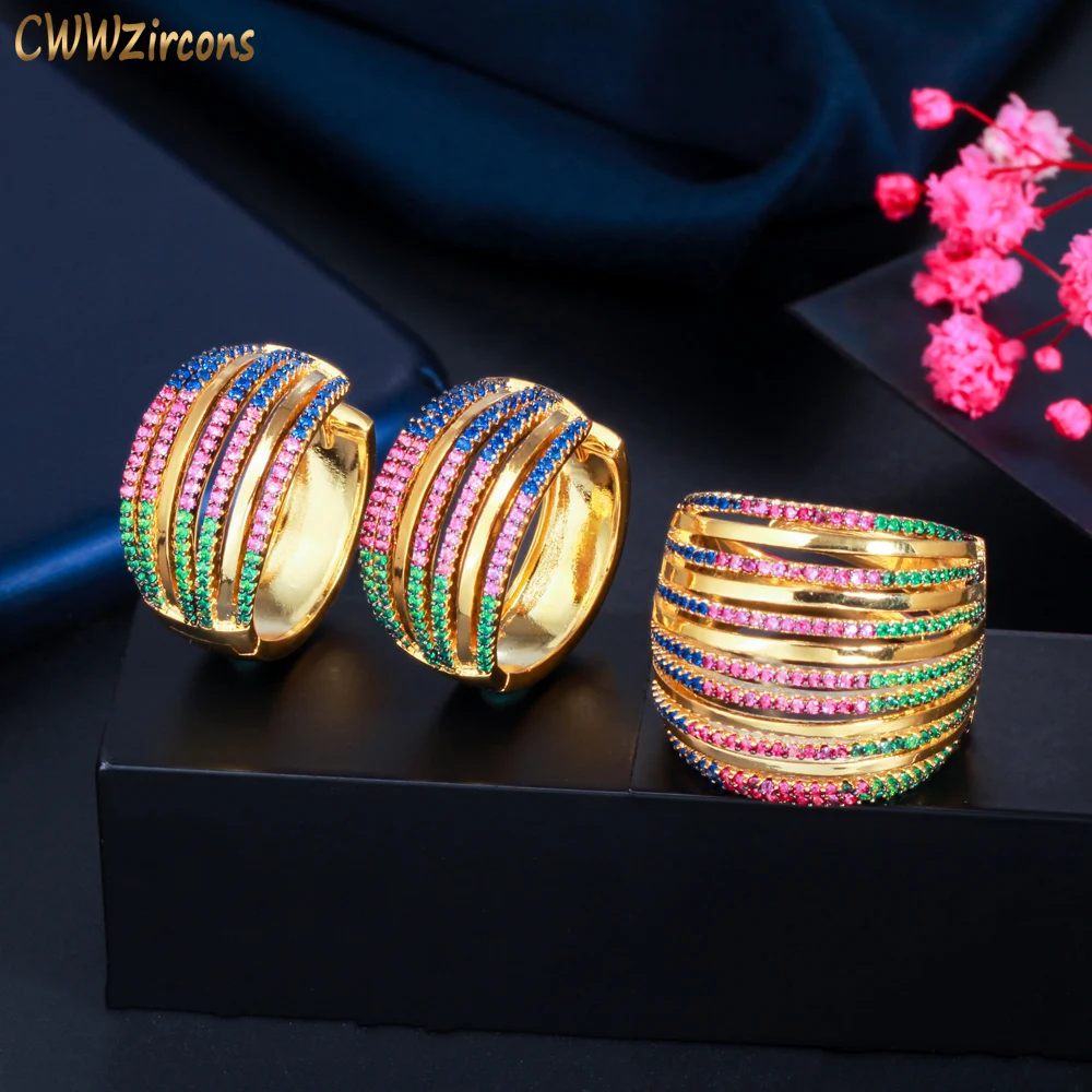 CWWZircons Luxury Gold Color Green Red Cubic Zirconia Multiple Round Hoop Earrings and Ring Set for Women Party Jewelry T526