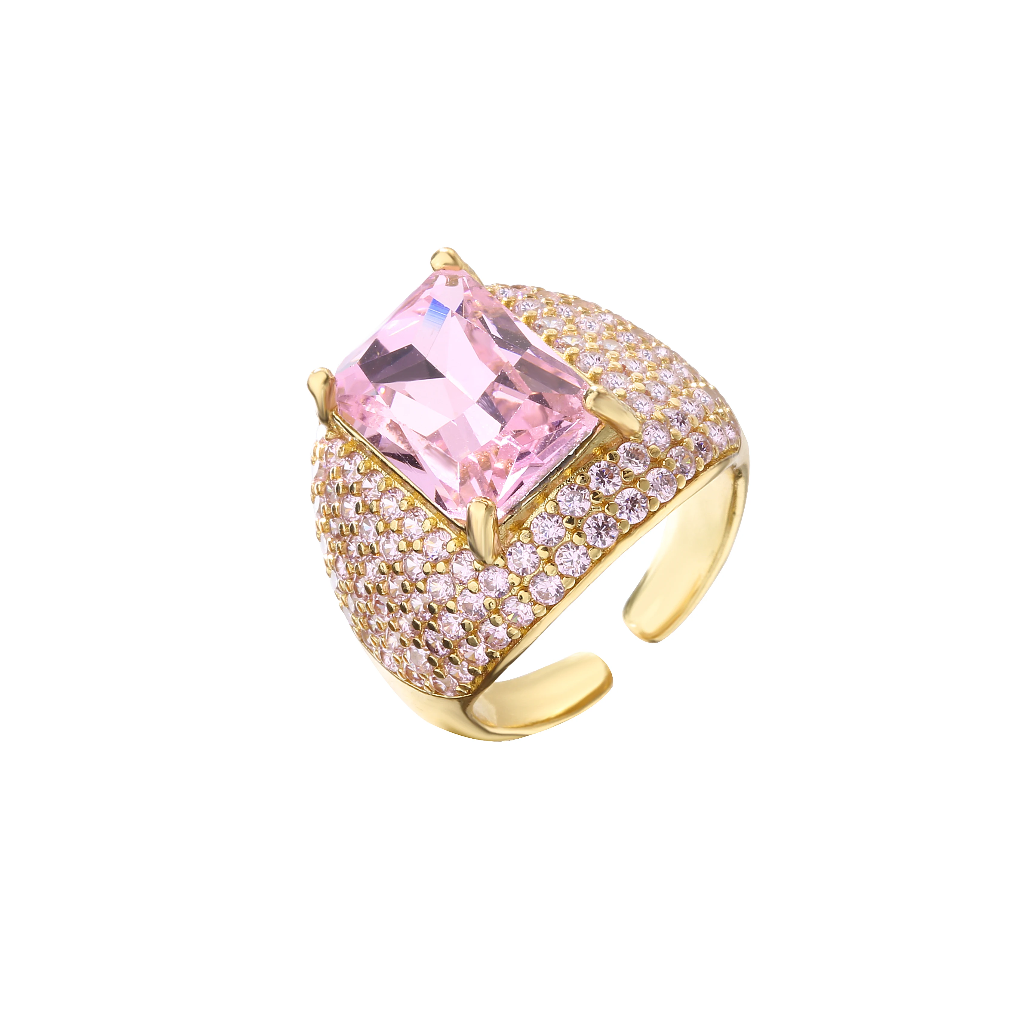 18K Gold Plated Brass CZ Statement Ring For Women Multicolor Cubic Zirconia Inlaid Adjustable Open Cocktail Jewelry Gift