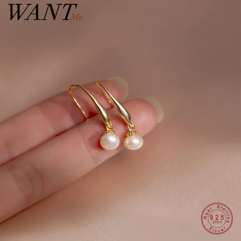 

WANTME 925 Sterling Silver Natural Baroque Pearl Simple Ear Hook Charm European Pendant Earrings for Women Wedding Jewelry Gift