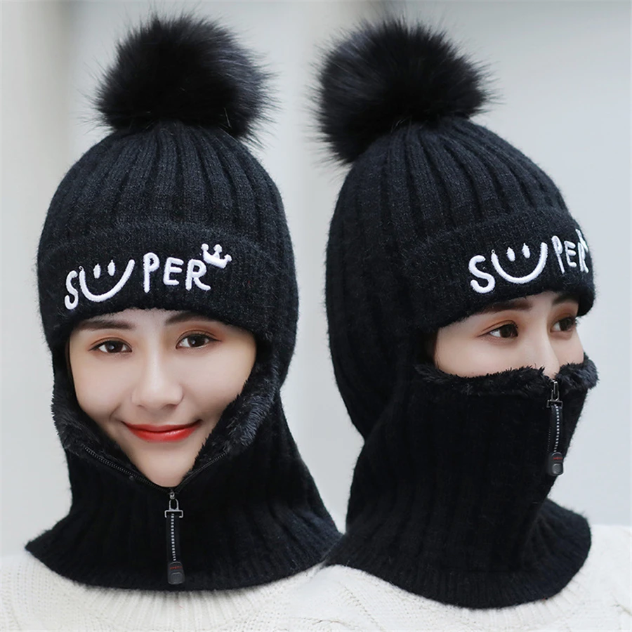 Brand Winter Hats Set Women Knitted Wool Hat Mask Lady Warm Velvet Thick Cycling Beanies Skullies Hat Female Collar Jumper Cap