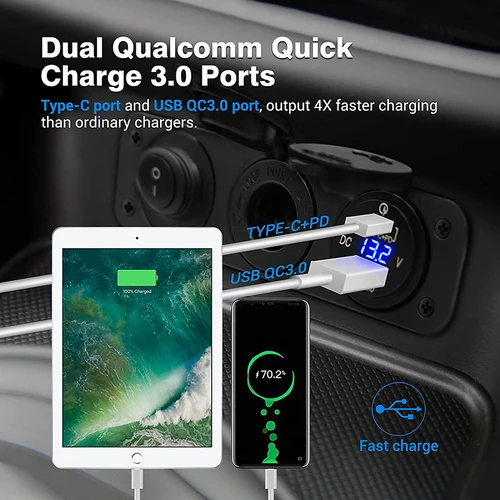 Imagen 2 del producto Enchufe de encendedor de cigarrillos, divisor de 12V con interruptor basculante, salida USB C PD y QC3.0 con voltímetro LED, resistente al agua para coche y barco
