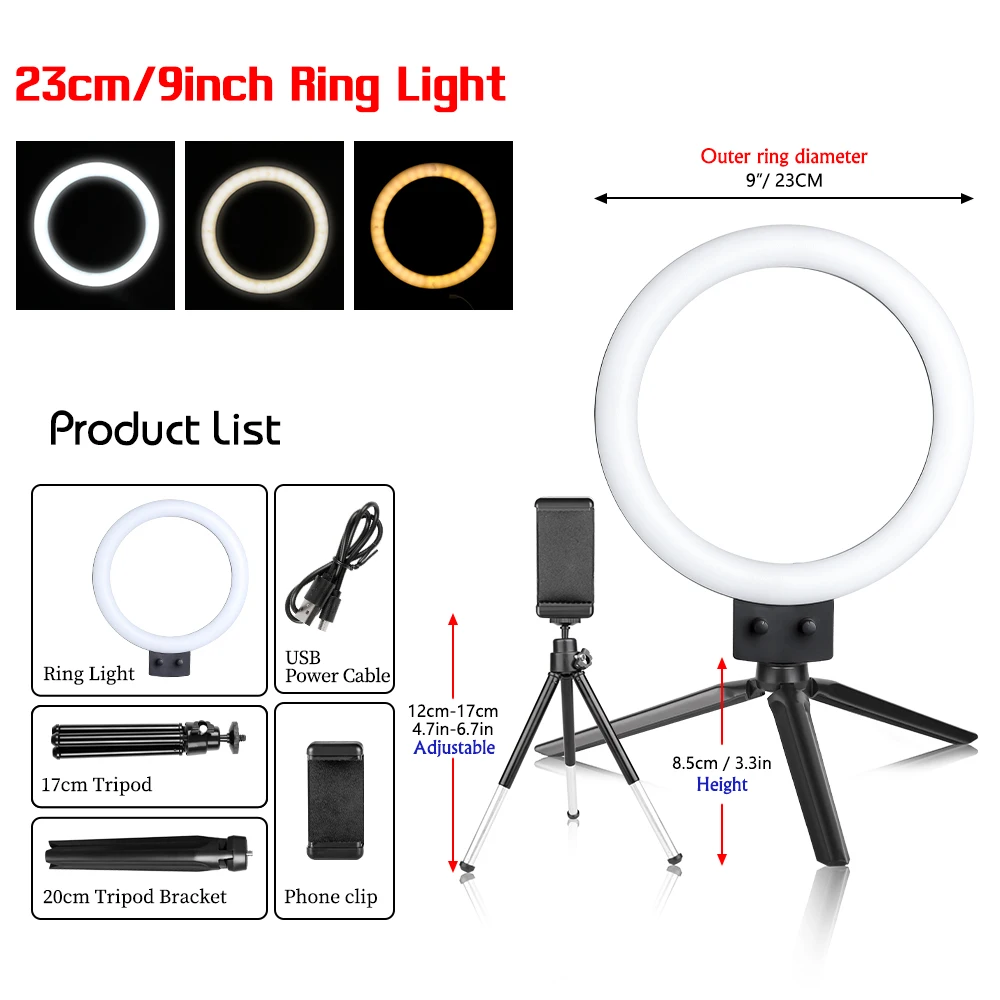 SH 9inch/23cm Selfie RingLights With Tripod Stand Usb Charge Led Lamp Dimmable Photography Light For Photo Photography Studio