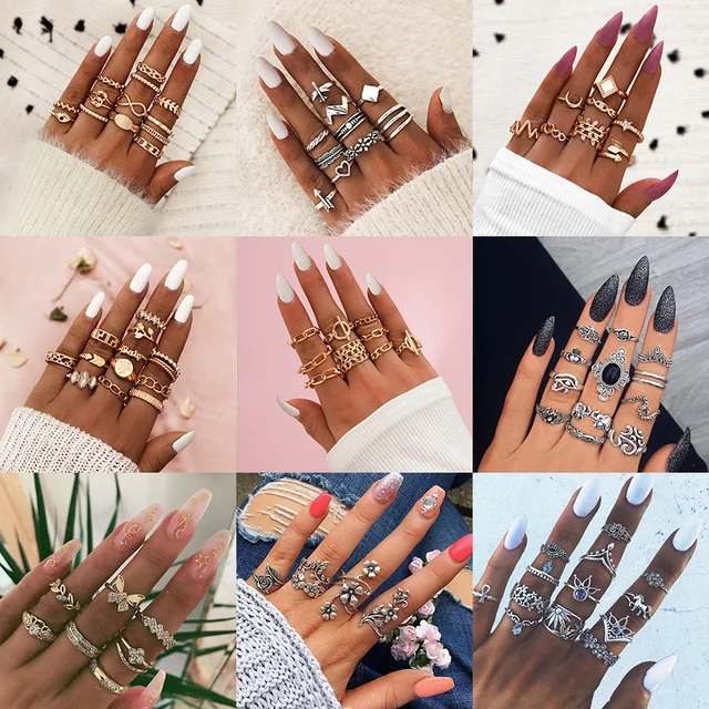 Juego de anillos geométricos bohemios con cadena de mariposa