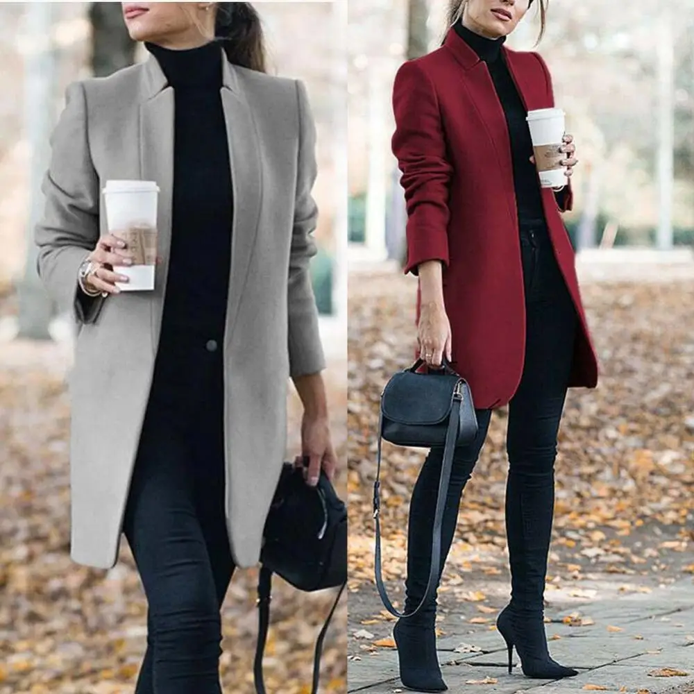 Dropshipping Fashion Women Winter Solid Long Sleeve Jacket Stand-up Collar Faux Wool Coat