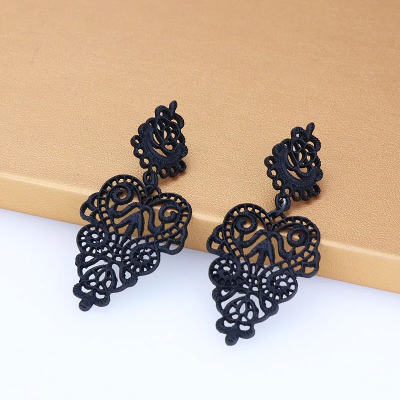 Vintage Bohemian Black Gold Color Hollow Geometric Stud Earrings for Women Ethnic Long Multilayer Earrings Female Party Jewelry