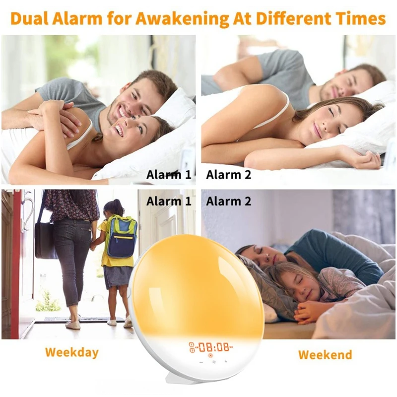 ธรรมชาติ Wake Up Light Snooze นาฬิกาดิจิตอลนาฬิกาปลุกจำลอง Sunrise & Sleep Aid ห้องนอนที่มีสีสันข้างโคมไฟกลางคืน FM วิทยุ