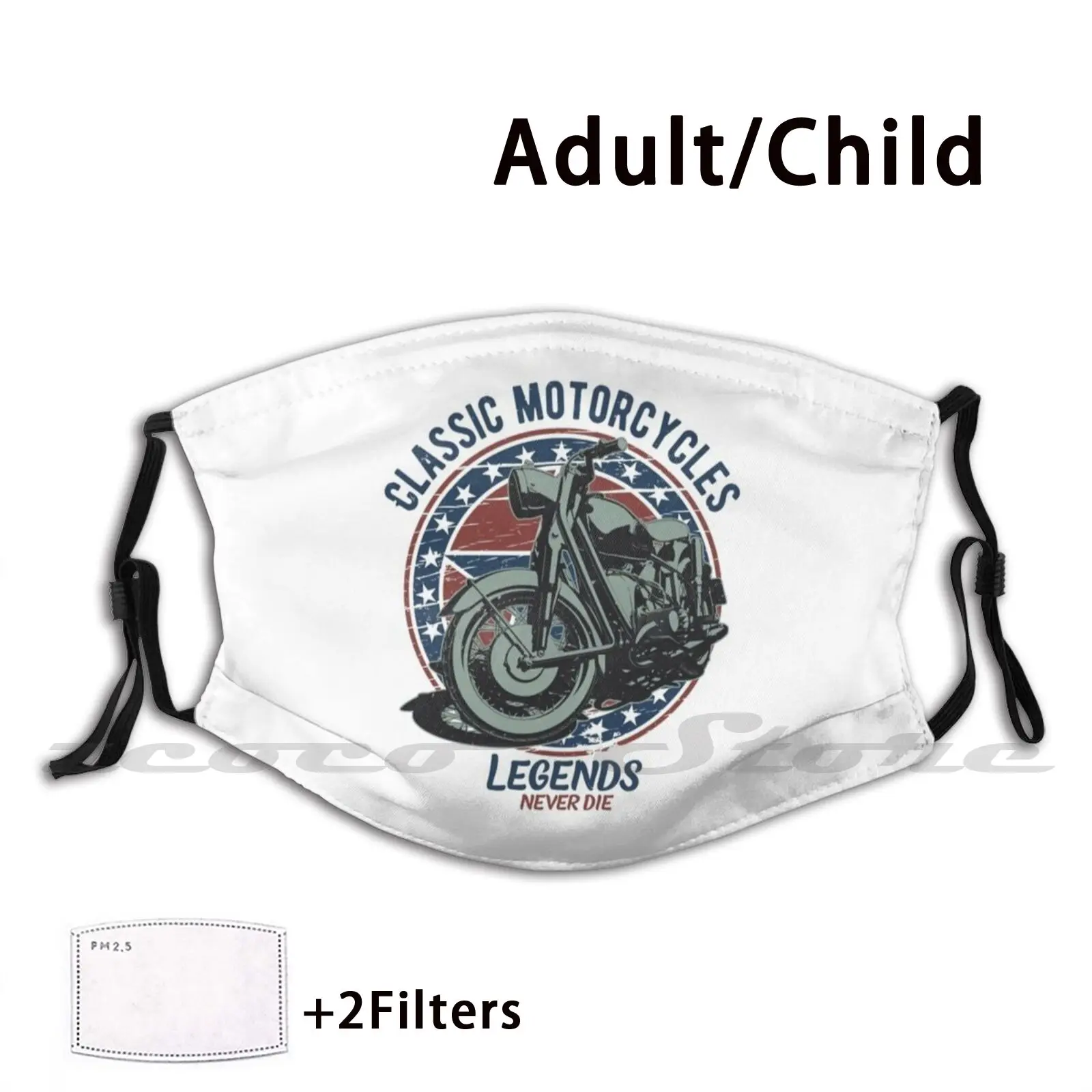 Legends Never Die Classic Motorcycles , American Classic Funny , 2 Mask Cloth filtro di stampa riutilizzabile lavabile Arctic Cool Gear