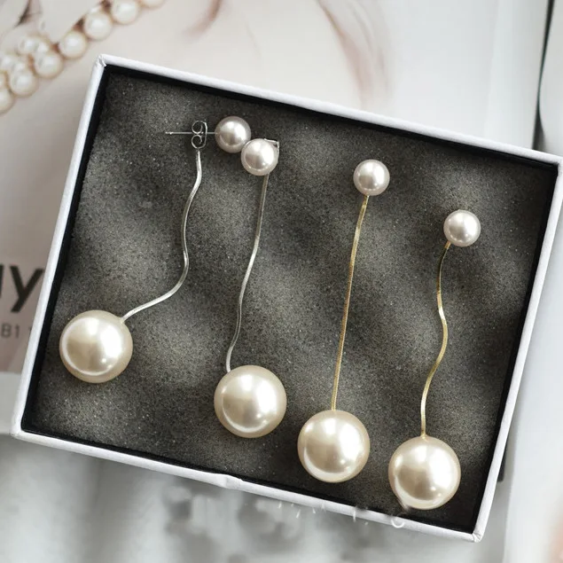 S925 Silver Korean Geometric Drop Earrings for Women White Round Pearl Long Earrings Jewelry Fashion Hoops 2020 brincos gifts