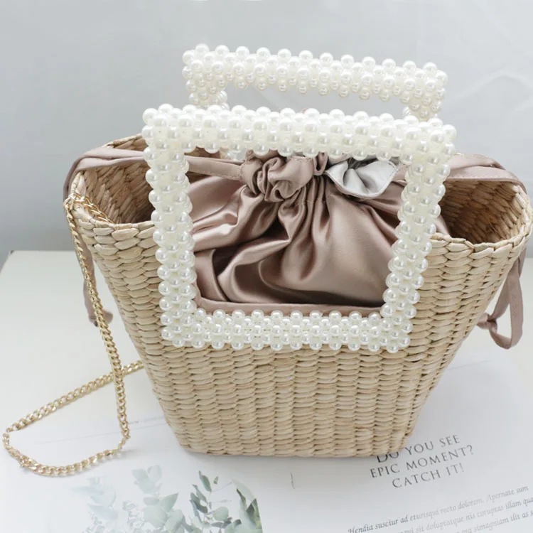 New Bohemian Bag with Pearl Ladies Hand Bags Straw Basket Tote Crossbody Messenger Bag for Womens Handbags and Purses