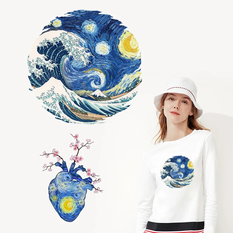 Van Gogh Painting The Starry Night Art Stripe Thermal Vinyl Heat Transfer Patch for Clothes Iron on Transfers Applique Sticker