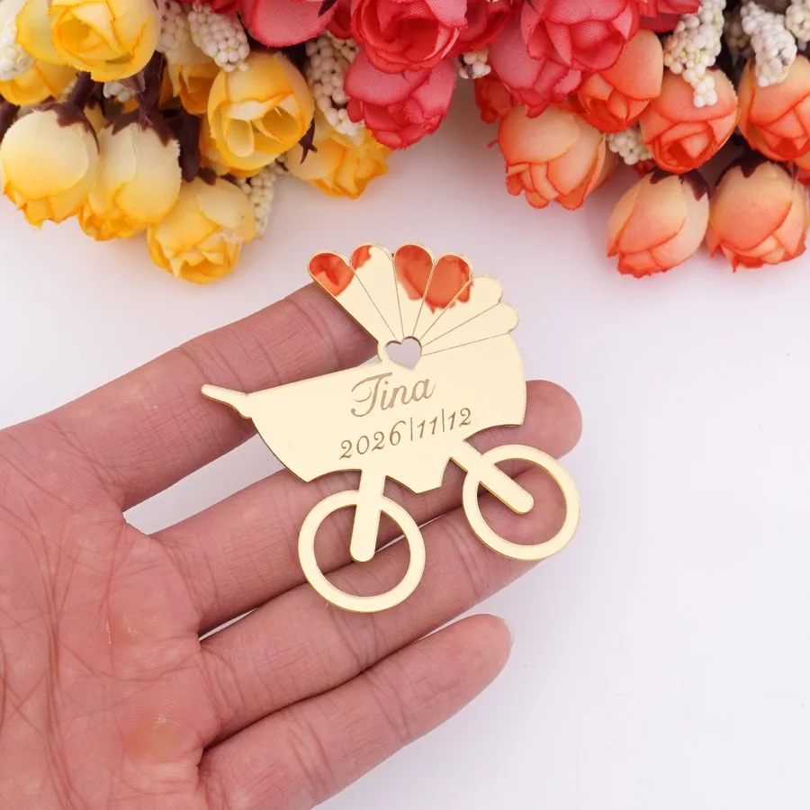 20 Pieces Personalized Cute Baby Carriage Shape Acrylic Mirror Stickers Custom Newborn Name Card Christening Gifts 6*6.4cm