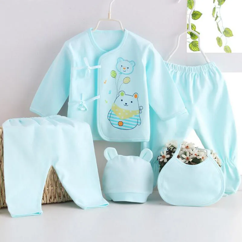 Newborn Baby Clothes Set ( 5pcs/set) Infant Girl Boy Shirt Pant Bib Hat clothing Suit