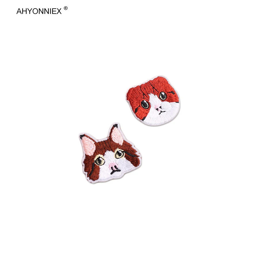 10 PCS AHYONNIEX Cute Cat Head And Fish Series Patches Embroidery Fashion Iron On Fabric Stickers Clothing Bags Accessories