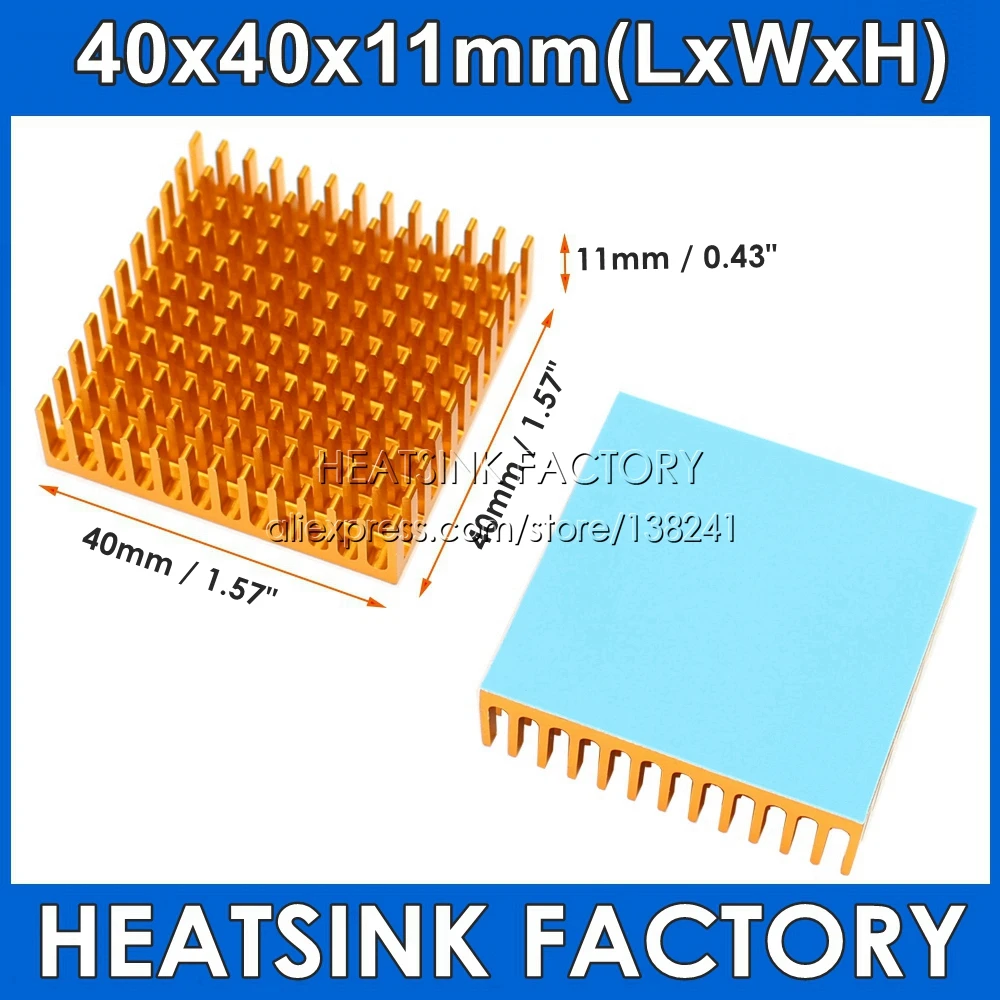 

40x40x11mm Black / Gold Slotted Anodized Aluminum Heat Sink Cooler Radiator Heatsink With Thermal Tape