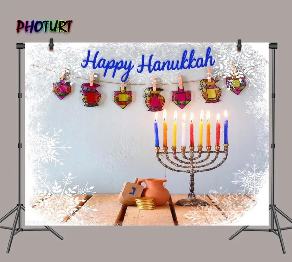 PHOTURT Hanukkah Photography Backdrop Festival Party Background Golden Candle White Snowflakes Wooden Vinyl Photo Banner Props