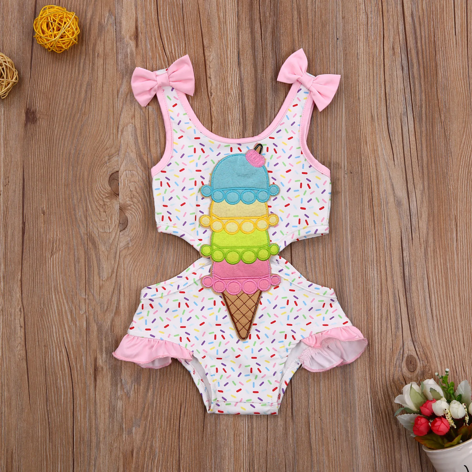 0-3T Girly Sweet Little Girl Fresh Lotus Leaf Swimming Pool Swimsuit Fashion Bow Ice Cream Print Hollow Sling Swimsuit