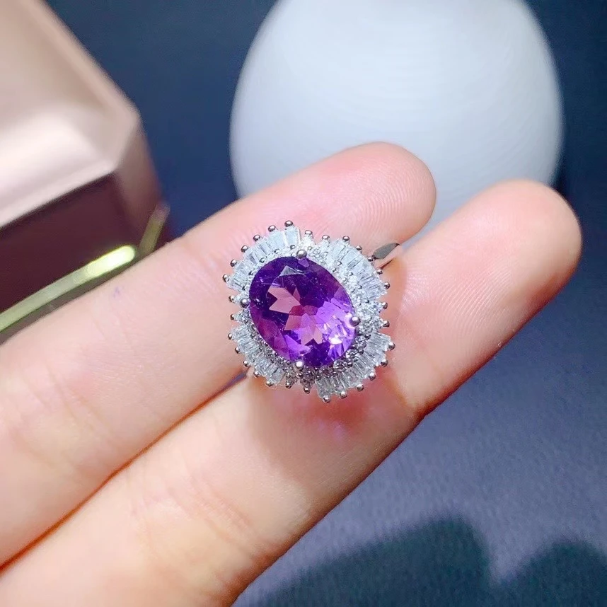 KJJEAXCMY fine jewelry 925 sterling silver inlaid Amethyst Women's fashion elegant oval big gem adjustable ring support check