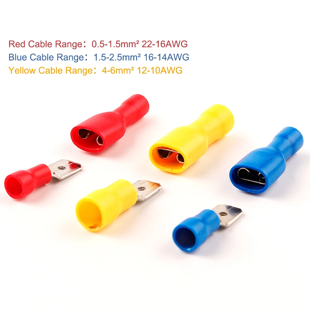 6.3mm Female Male PVC Connector Electrical Wiring Connector Insulated Crimp Terminal Spade Blue Yellow Red FDFD MDD2