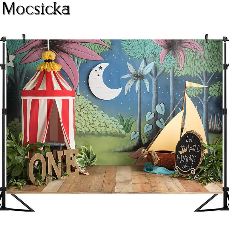 Mocsicka-fondos de fotografía de 1er cumpleaños, pastel de acampada salvaje, decoración de barco y Luna, accesorios para fotografía de niños, fondo de cabina de estudio