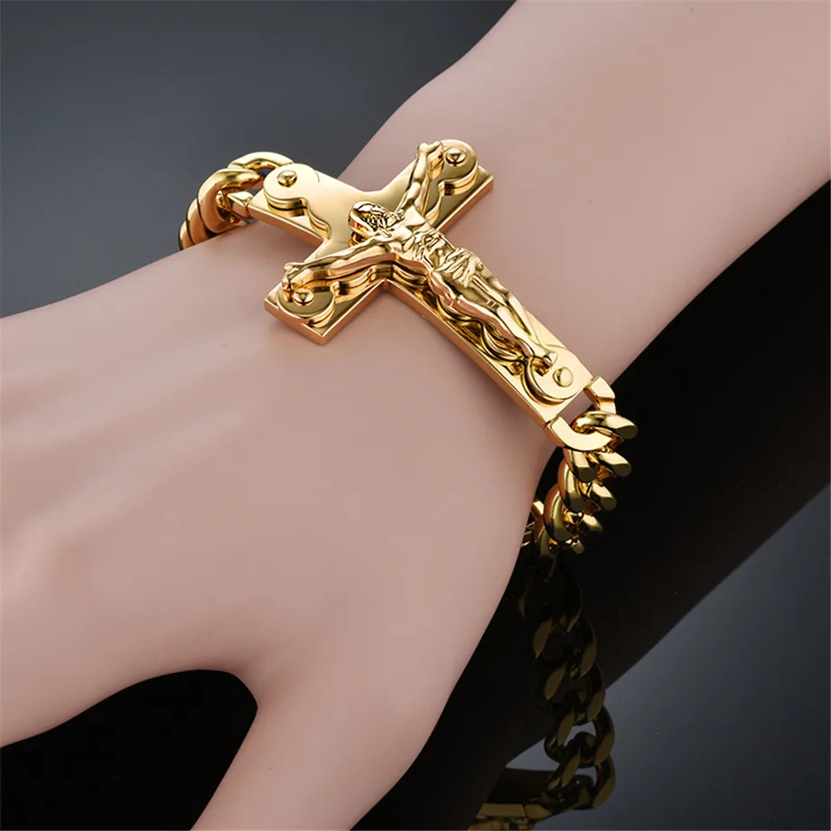 Cool Man Crucifix Jesus Cross Charm Bracelets 21cm Male Gold Color Stainless Steel Curb Cuban Link Braceles For Men Jewelry 2021