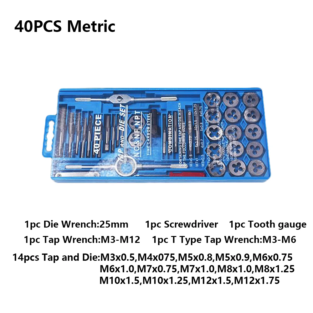 

Tap and Die Set 40pcs Metric/Imperial Thread Taps Alloy Steel For Metalworking Hand Tools Screw Tap Thread Tap and Die