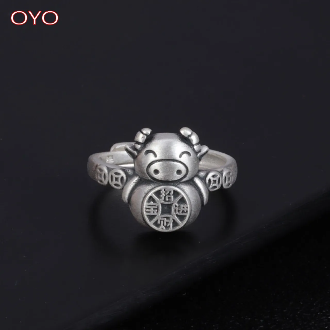 

Real 999 pure silver zodiac bull ring retro matte zodiac year index finger ring female