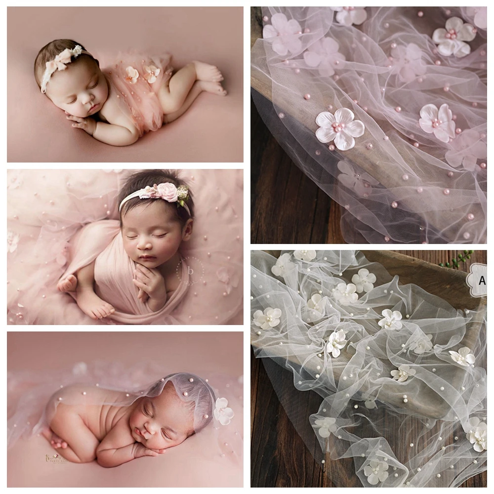 170cm Background Cloth For Newborn Photography Props Fairy 3D Flower Pearl Mesh Wrap Lace Pillow Set Baby Photo Shoot Accessorie