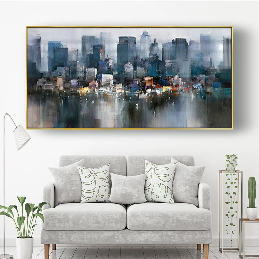 Modern New York City Landscape Oil Painting On Canvas Abstract Hand Painted Wall Art Silver Gray Picture Living Room Home Decor