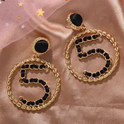 Fashion Big Circle number 5 Earring Women Jewelry Simple Model Earrings Black Ribbon Weaves