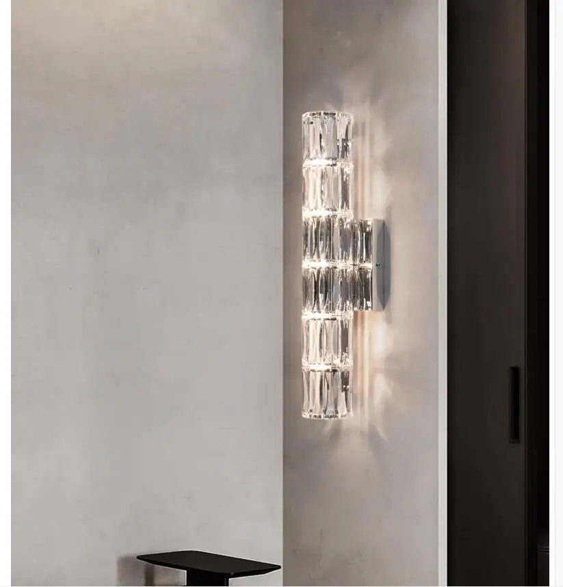 Imagem -04 - Moderno Lustre de Cristal Lâmpada Parede Aço Prata Quarto Led Luzes Parede W12cm H60cm Decora Luminárias Sala Estar Arandela Luzes