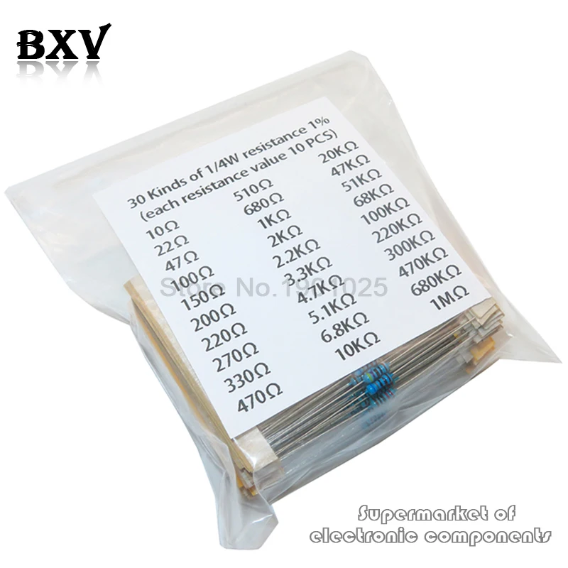 600 unids/set 30 tipos 1/4W resistencia 1% paquete de resistencias de película metálica Kit surtido 1K 10K 100K 220ohm 1M resistencias 300 unids/set