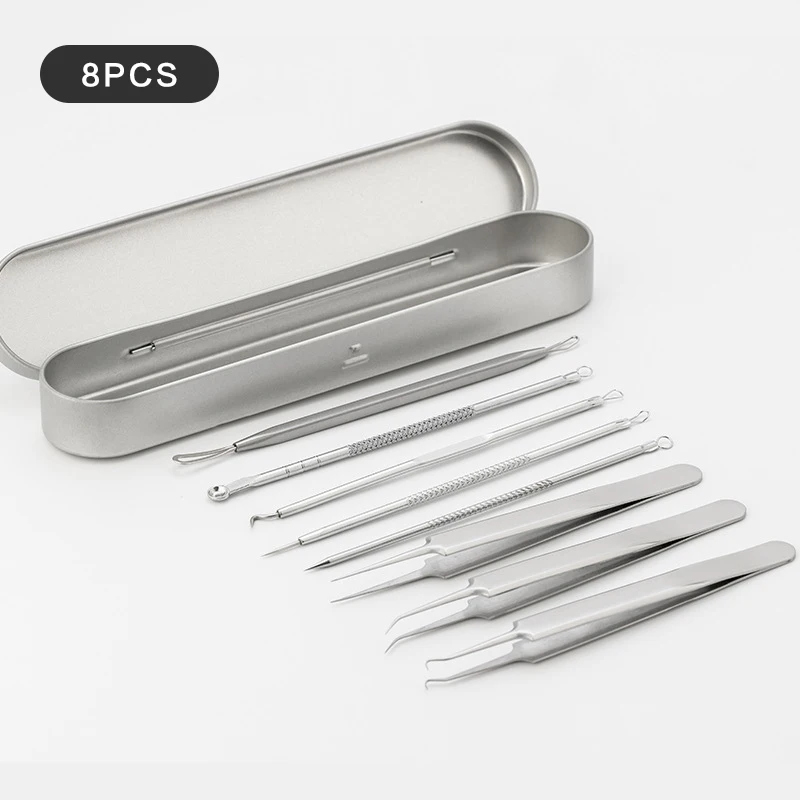 8pcs Stainless Steel Acne Blackhead Remover Needles Extractor Pimple Blemish Comedone Removal Kit Double Head Face Care Tool