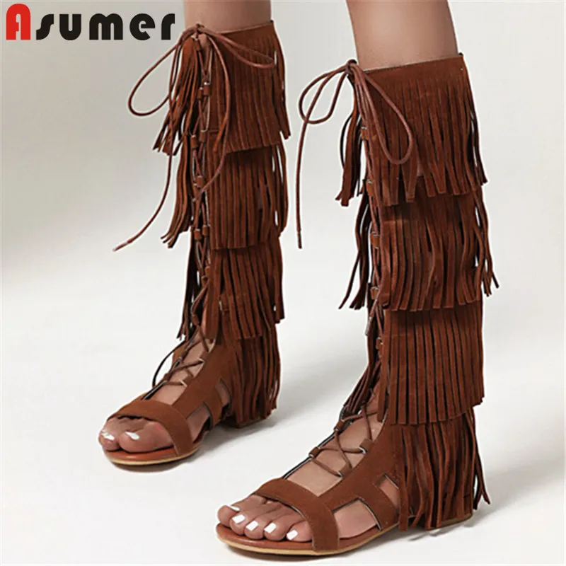 ASUMER 2024 new fashion knee high boots women flock zip cross tied tassel summer boots low heel casual gladiator shoes woman