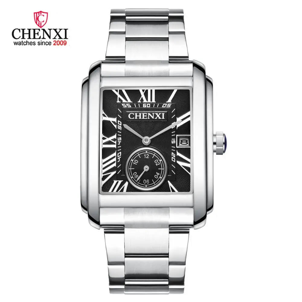 Unique Men Squart Watch Silver Stainless Steel Calendar Stop Watch Business Casual Quartz Wristwatch for Male Luxury Brand Clock