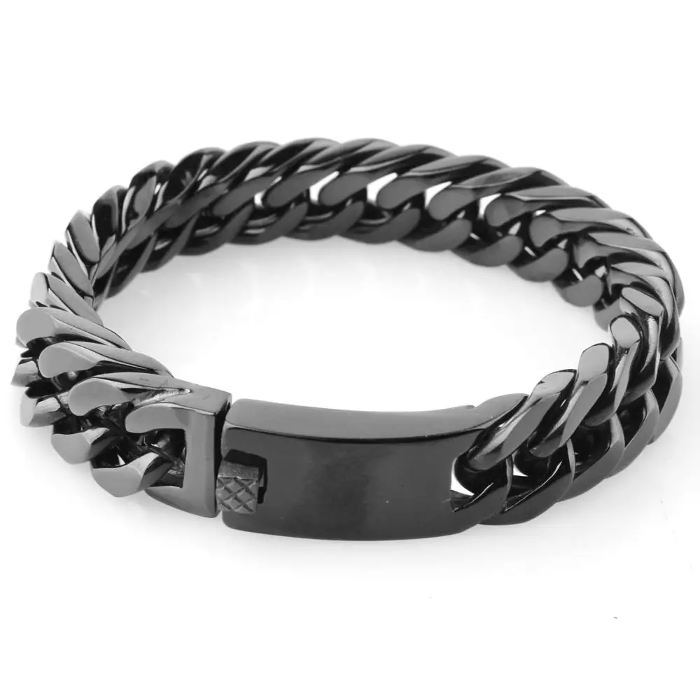 

15mm Wide 7-11" Length Charming Jewelry 316L Stainless Steel Black Color Cuban Curb Chain Men Women Bracelet Handmade Wristband