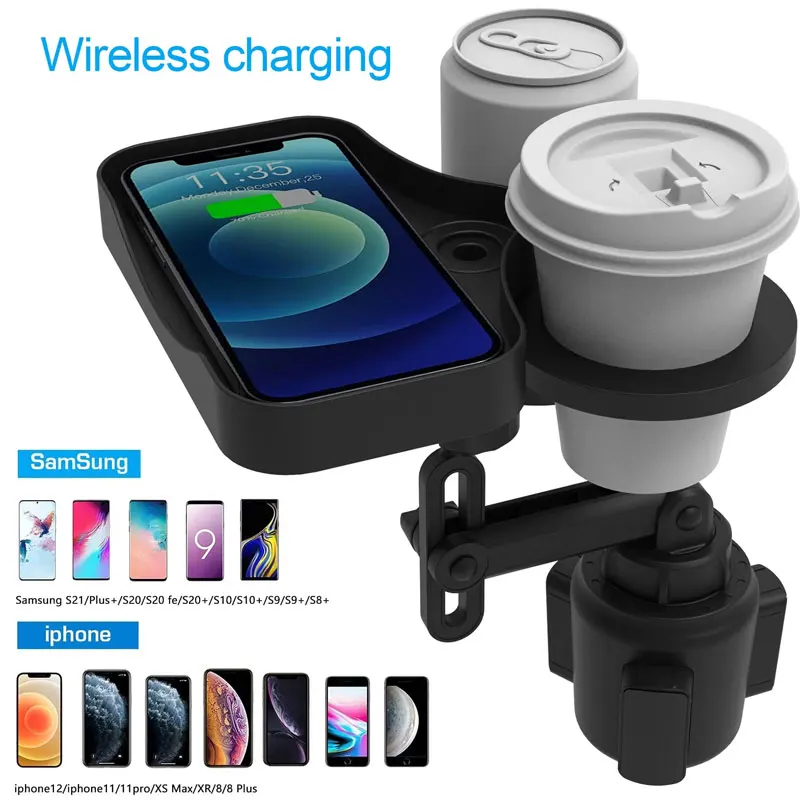 

4 in 1 Car Cup Holder Expander Adapter Rotatable With Wireless Charging Tray For Vehicle Phone Organizer Drinking Bottle Tray