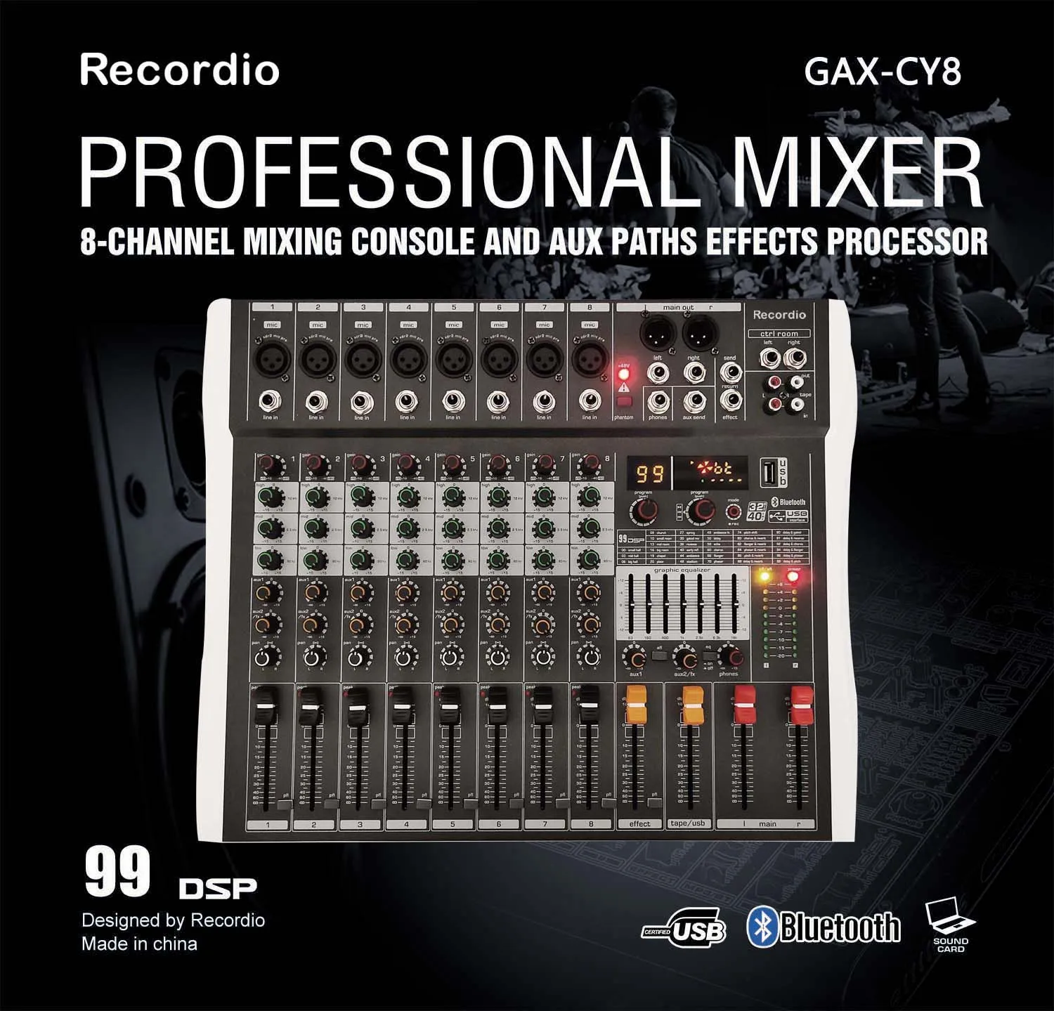 GAX-CY8 USB Blueteeth 8 Channel 48V Phantom Power Sound Board Music Reverb Audio Console Mixer For PC Stage Studio DJ