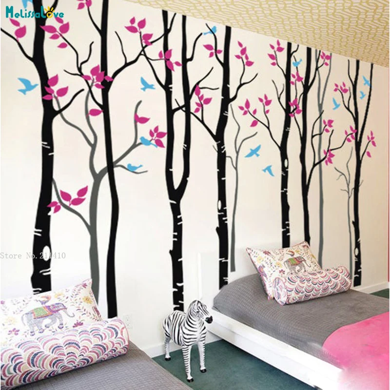 

Custom 4 Color Large Size Tree Wall Sticker Home Decor Living Room Baby Nursery Birch Vinyl Murals With Birds Decals Gift YT4682