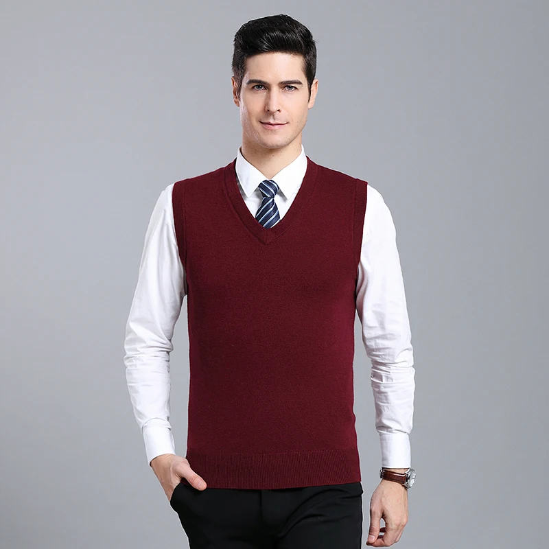 

Men's Thick 100% Wool Vest Autumn & Winter Plain Sleeveless Sweater Male Casual V-Neck Warm Knitted Sweater Vest