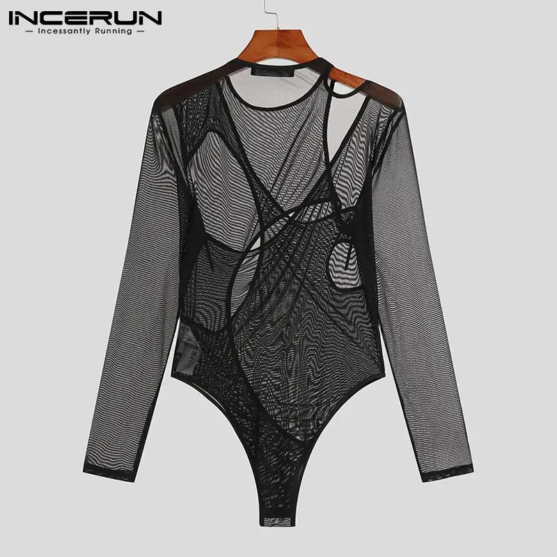 INCERUN-body de malla transparente para hombre, ropa interior Sexy de manga larga con cuello redondo, mamelucos irregulares ahuecados, pijama, S-5XL