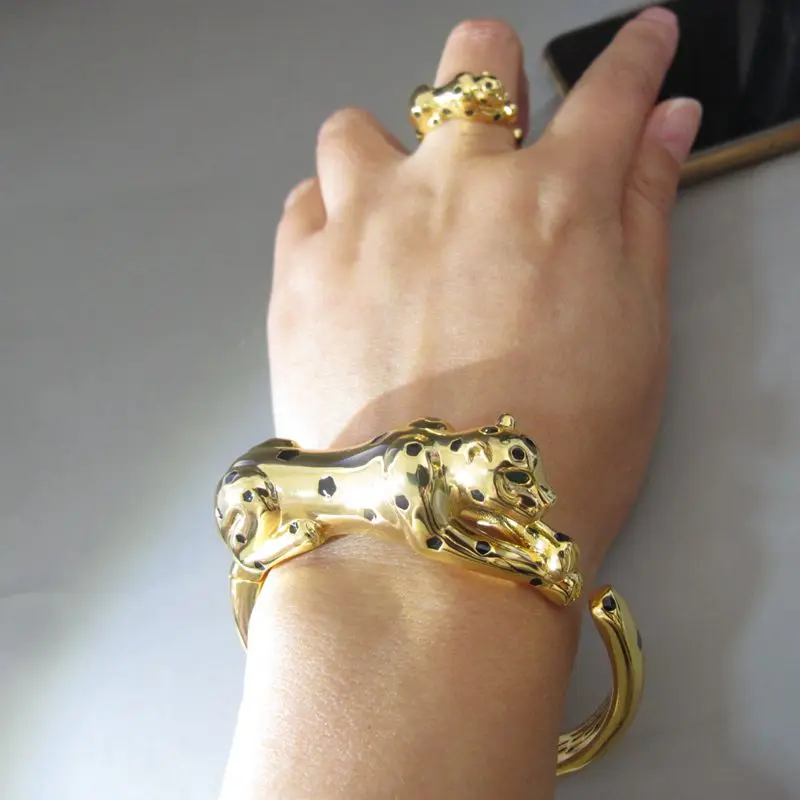 Black spots Leopard Head cuff bangle bracelet with Ring Panther Design Copper brazilian gold jewelry set for for Women or men